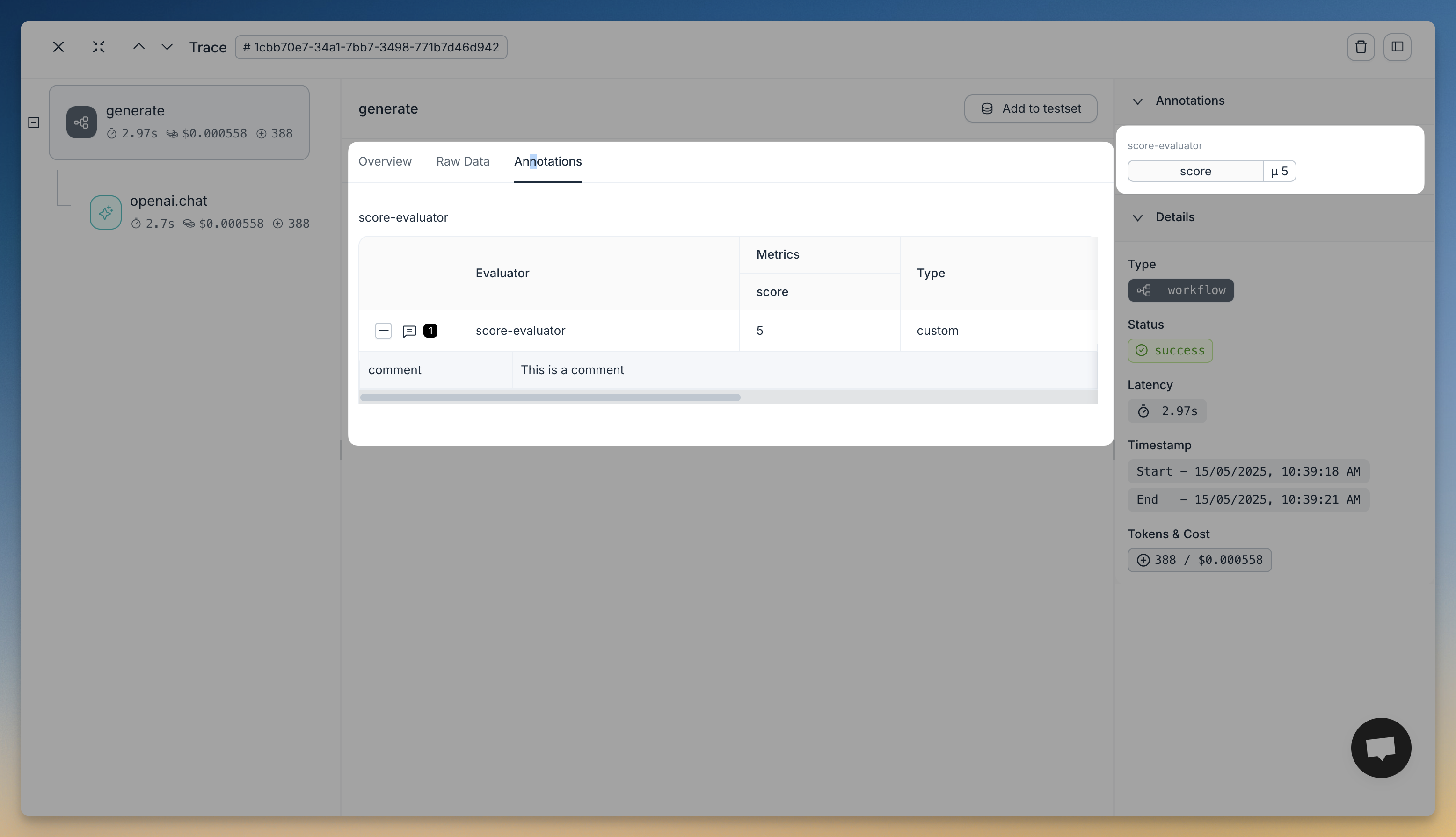 Screenshot showing annotations in the Agenta UI